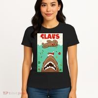 Funny Christmas Santa Claus Shark Attack Gingerbread Man Women's T-Shirt thumb 4