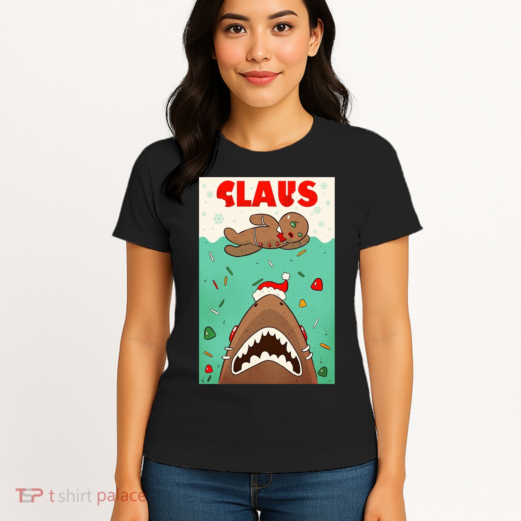 Funny Christmas Santa Claus Shark Attack Gingerbread Man Women's T-Shirt