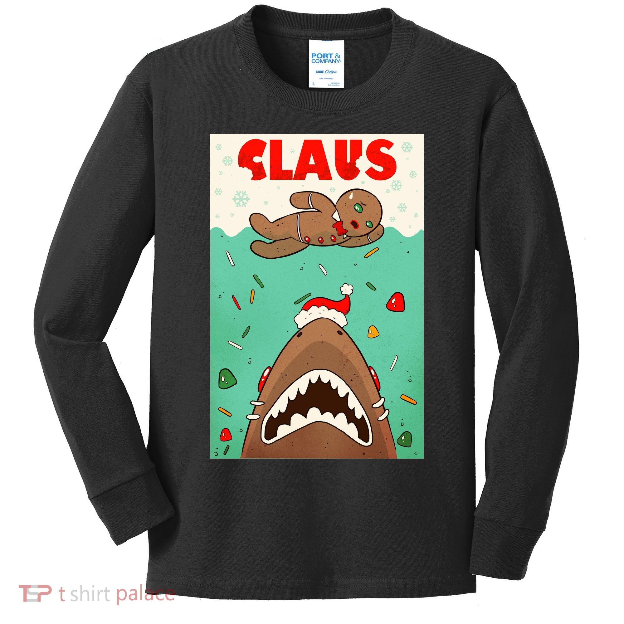 Funny Christmas Santa Claus Shark Attack Gingerbread Man Kids Long Sleeve Shirt