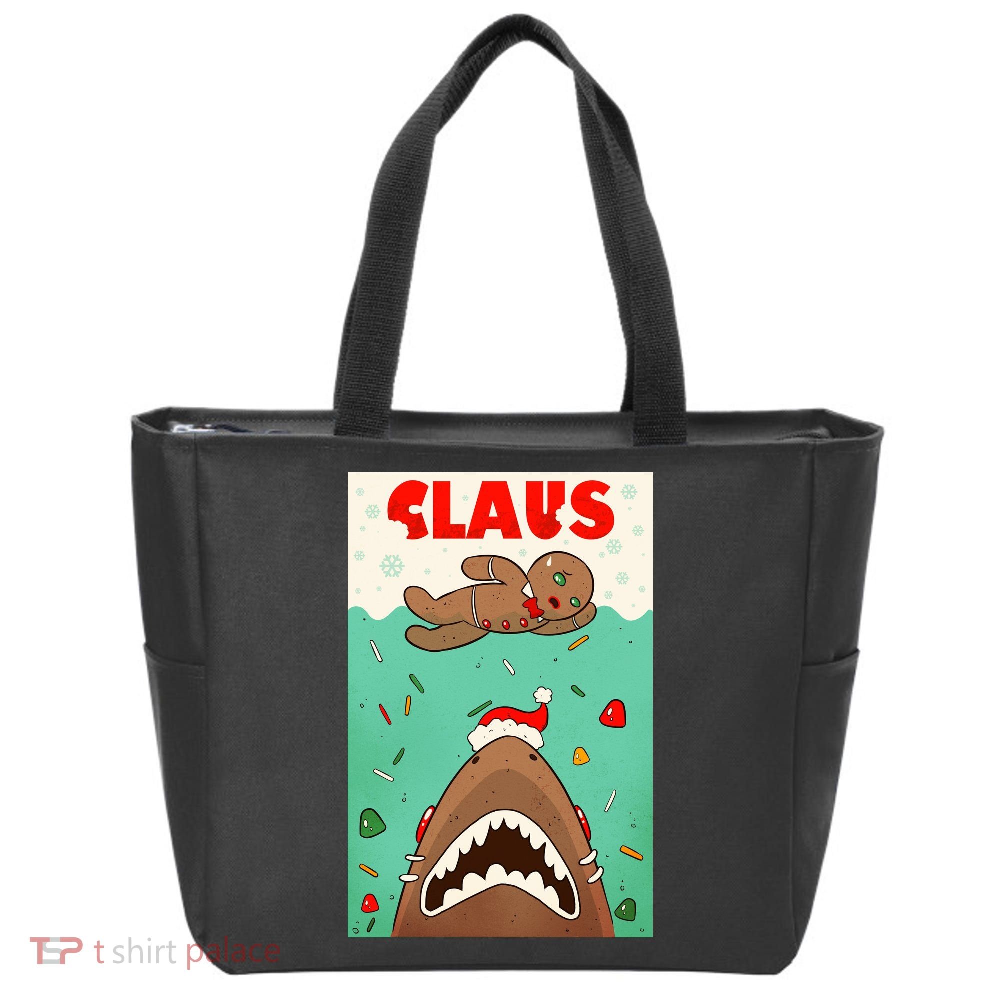 Funny Christmas Santa Claus Shark Attack Gingerbread Man Tote Bag