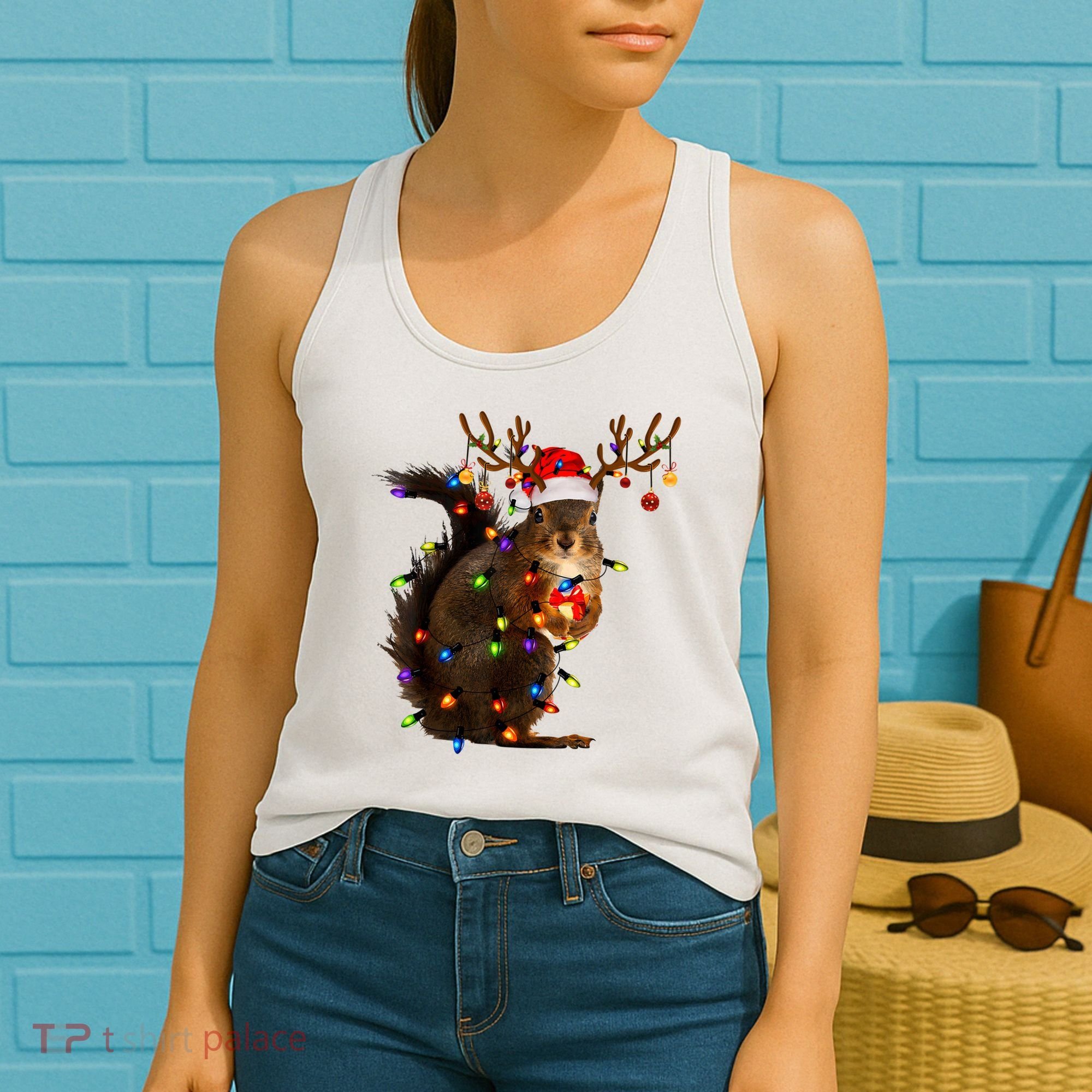 Funny Christmas Squirrel Lights Reindeer Christmas Costume Women's Tank Top