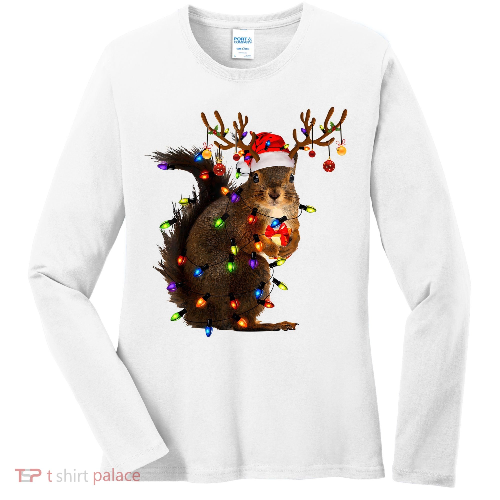 Funny Christmas Squirrel Lights Reindeer Christmas Costume Women's Long Sleeve Shirt