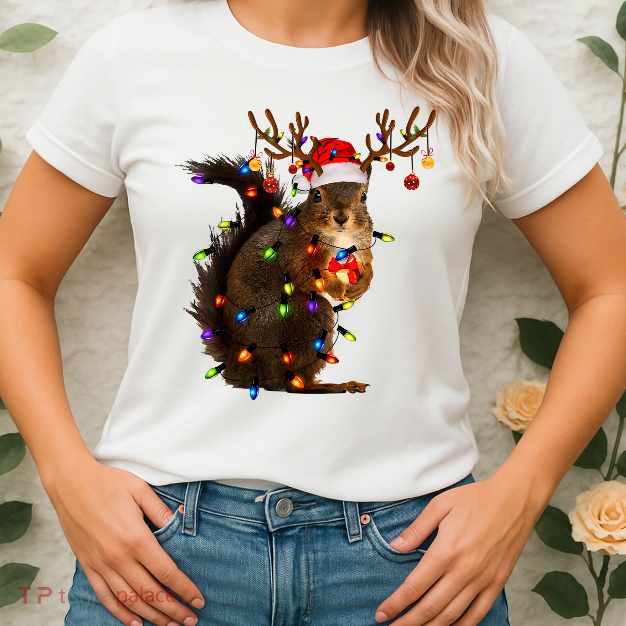 Funny Christmas Squirrel Lights Reindeer Christmas Costume Women's T-Shirt
