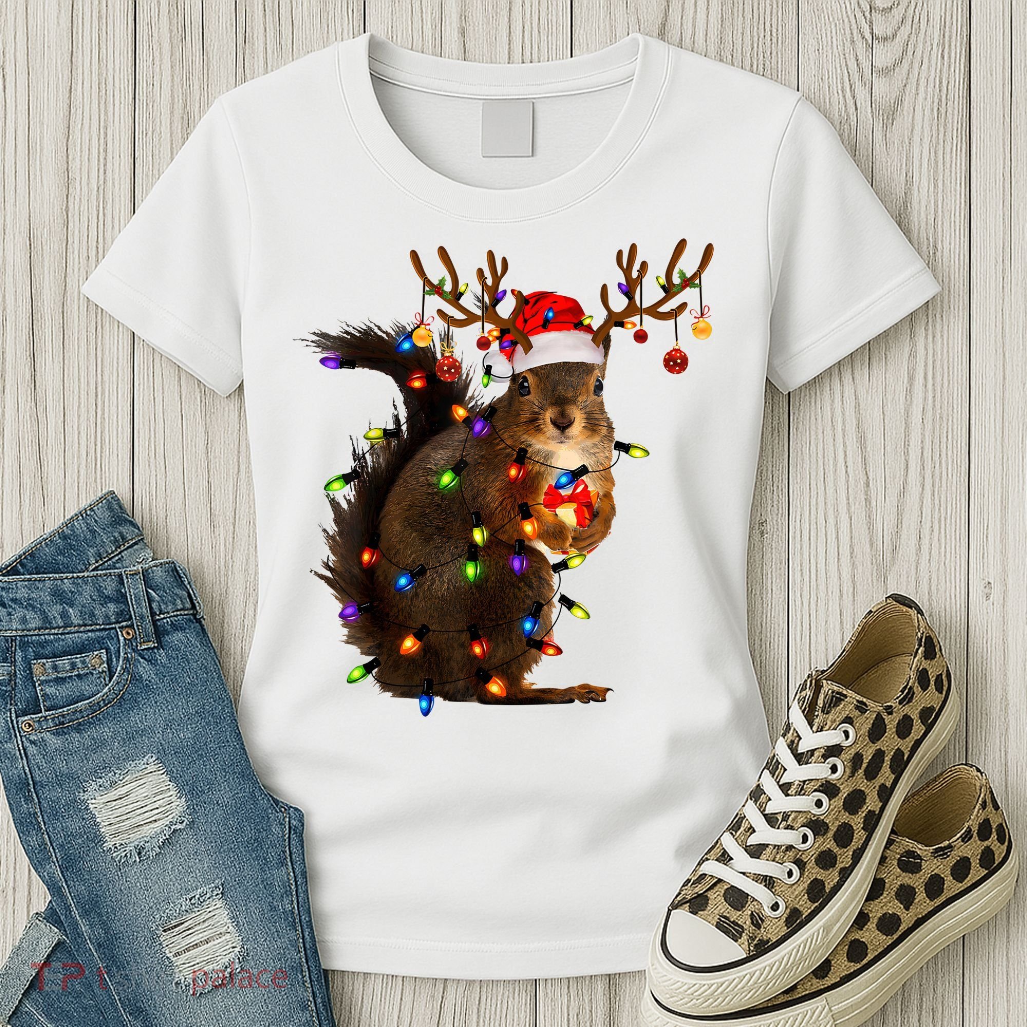 Funny Christmas Squirrel Lights Reindeer Christmas Costume Women's T-Shirt