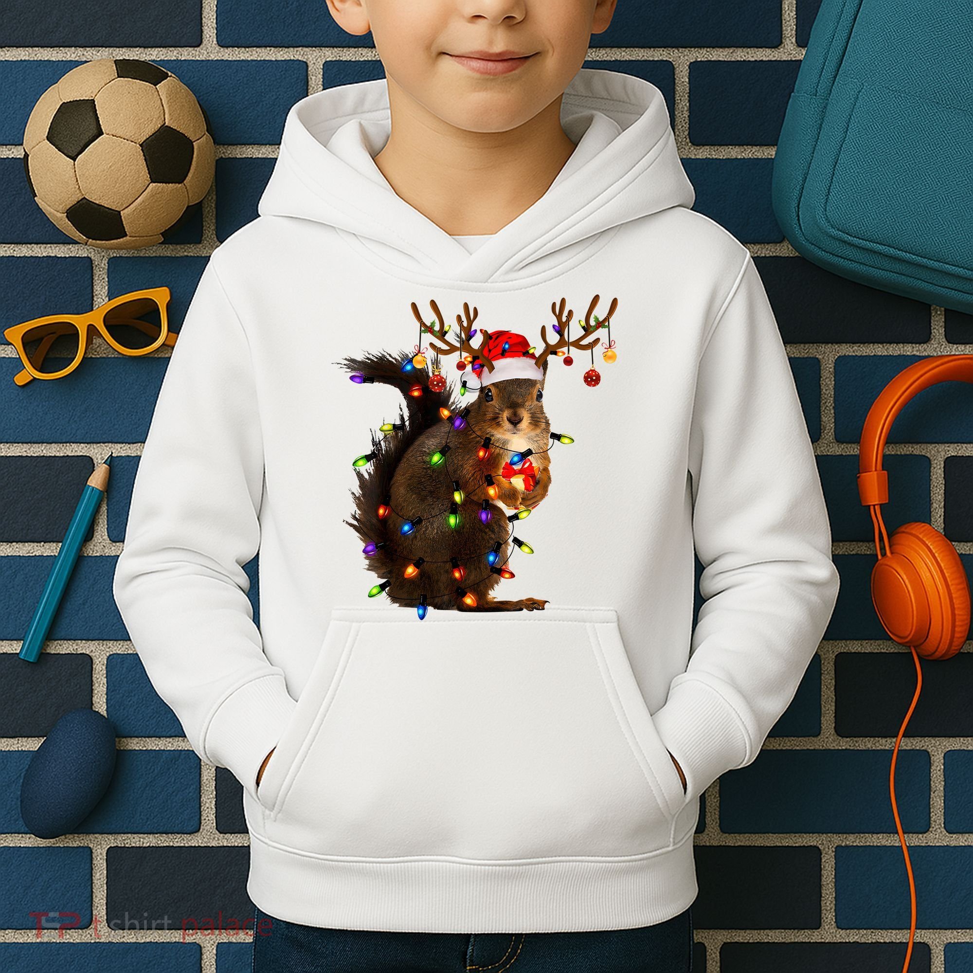 Funny Christmas Squirrel Lights Reindeer Christmas Costume Kids Hoodie