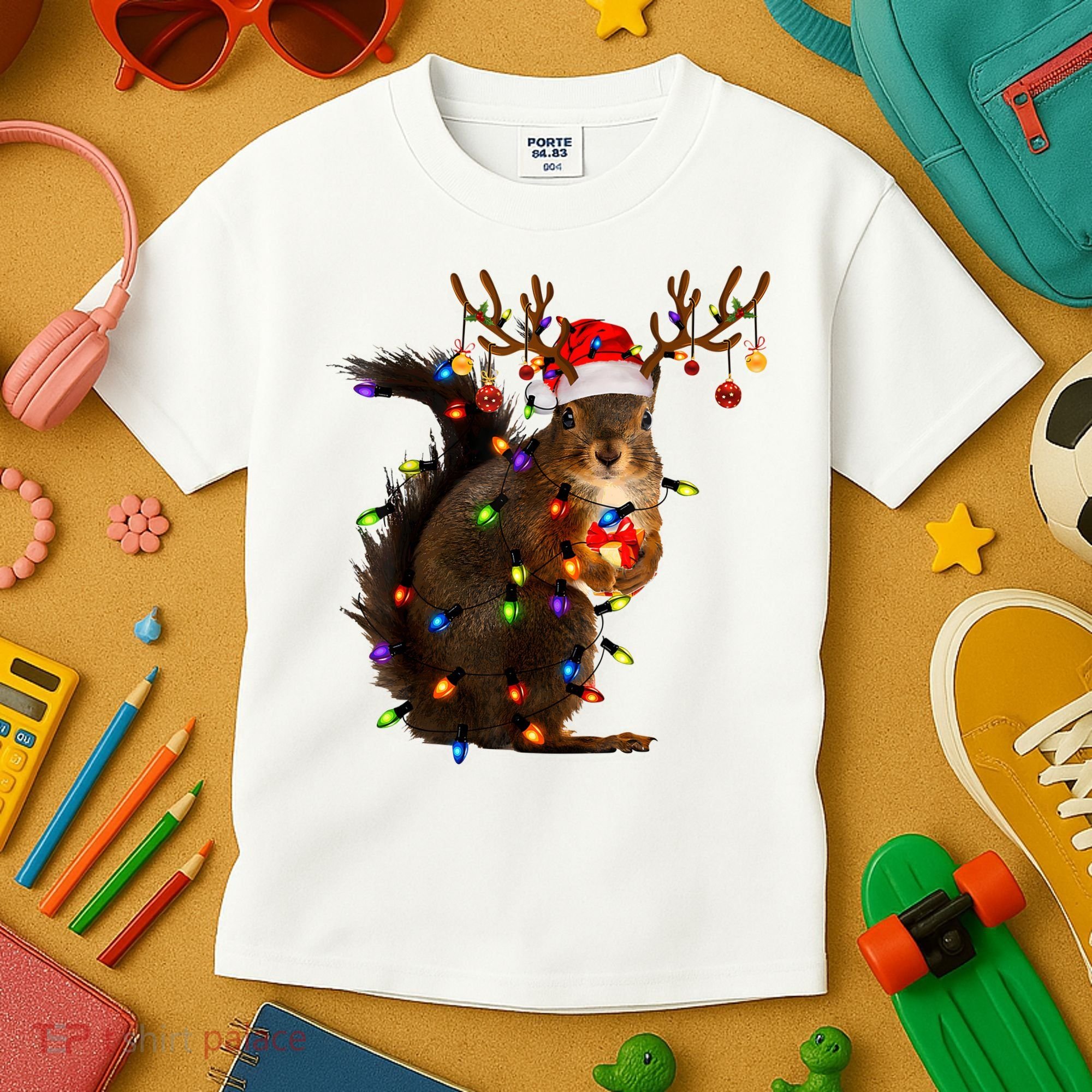 Funny Christmas Squirrel Lights Reindeer Christmas Costume Kids T-Shirt