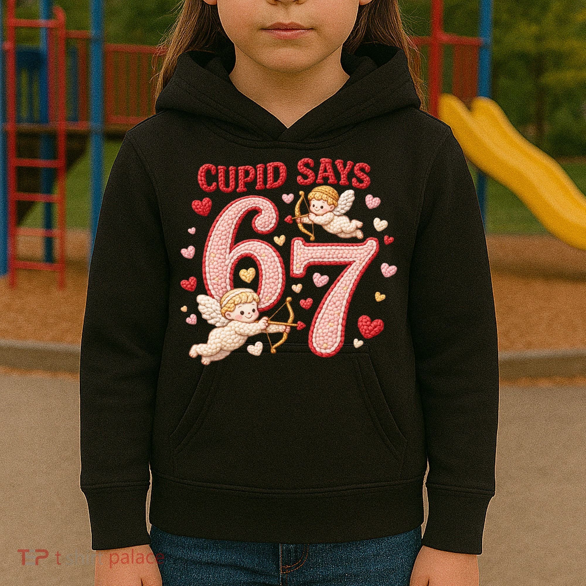 Funny Cupid Says 6-7 Valentines Day 67 Meme Kids Hoodie