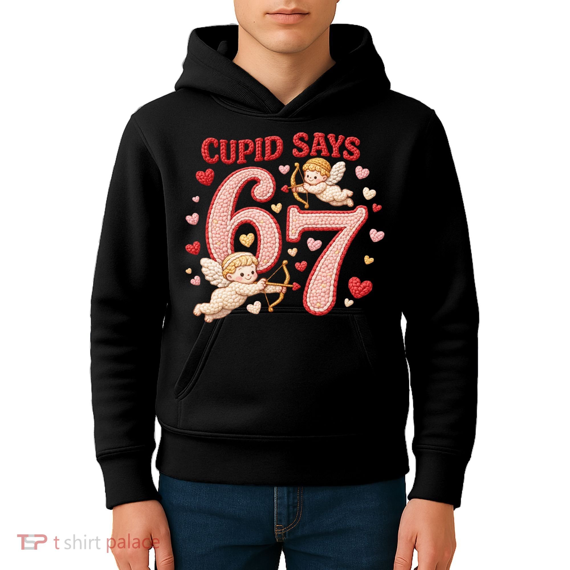 Funny Cupid Says 6-7 Valentines Day 67 Meme Kids Hoodie