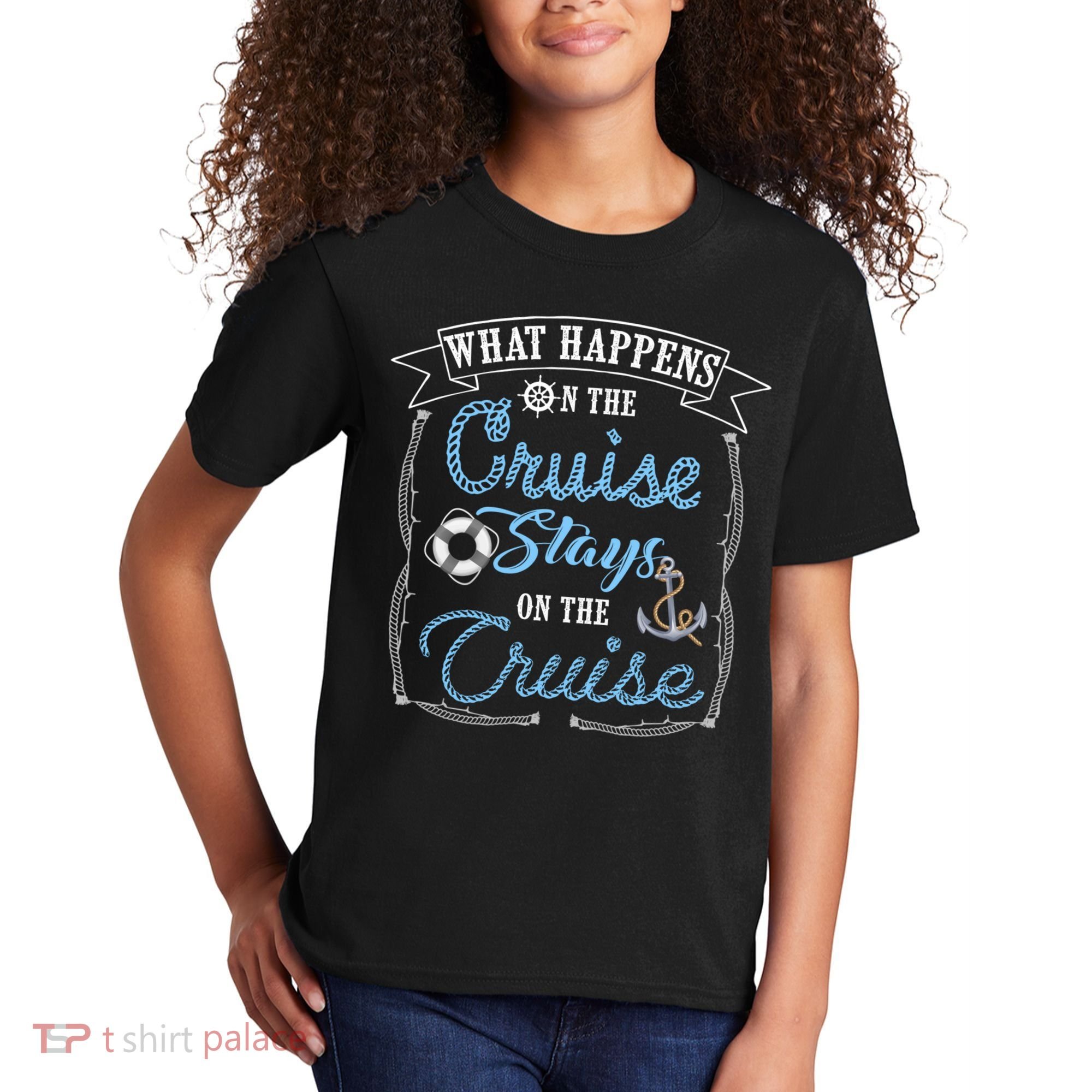 Funny Cruise Ship Vacation Gift What Happens Stays Gift Kids T-Shirt