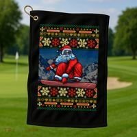 Funny Christmas Santa Claus Snowboarding Ugly Sweater Gift Funny Gift Golf Towel thumb 1