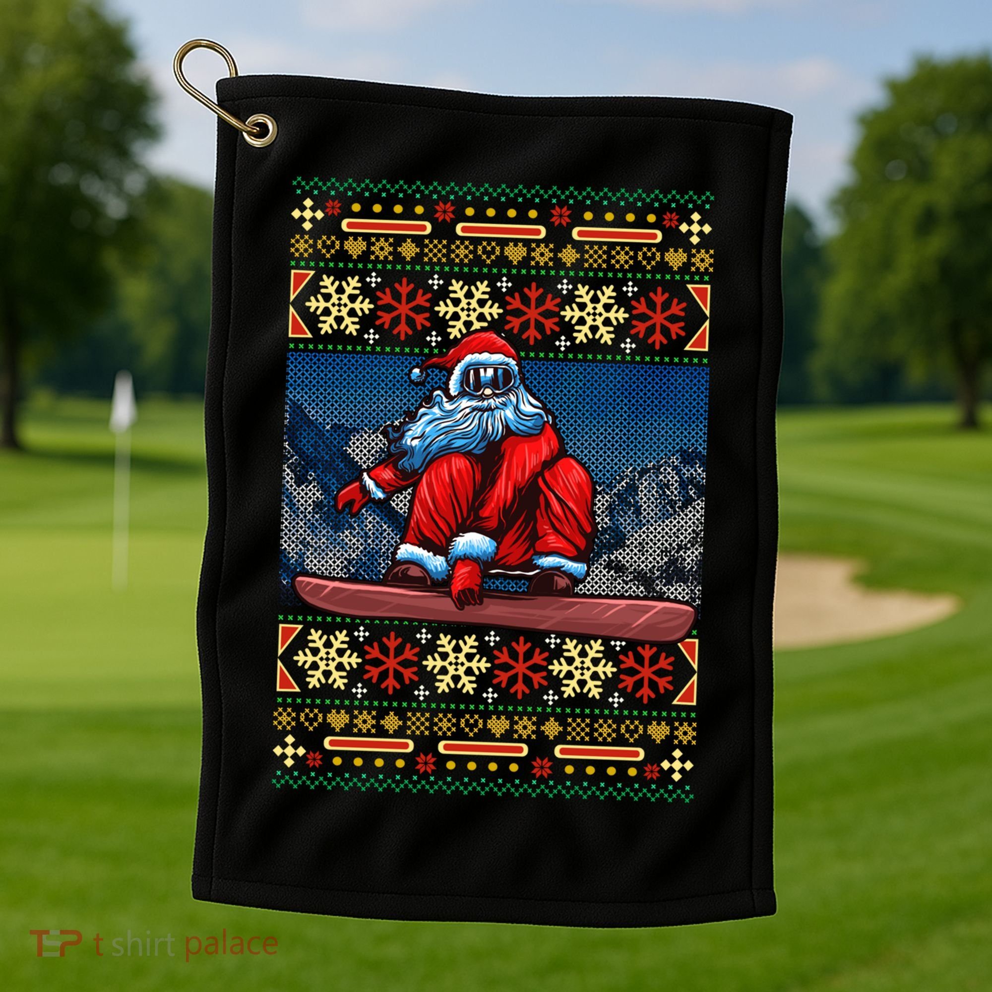 Funny Christmas Santa Claus Snowboarding Ugly Sweater Gift Funny Gift Golf Towel