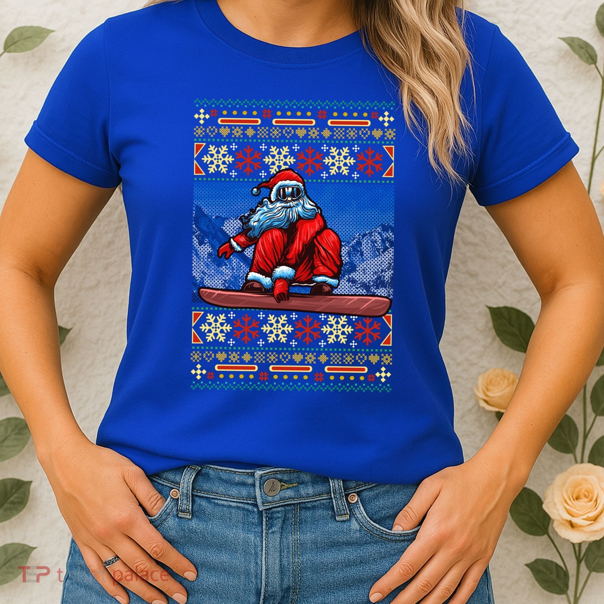 Funny Christmas Santa Claus Snowboarding Ugly Sweater Gift Funny Gift Women's T-Shirt