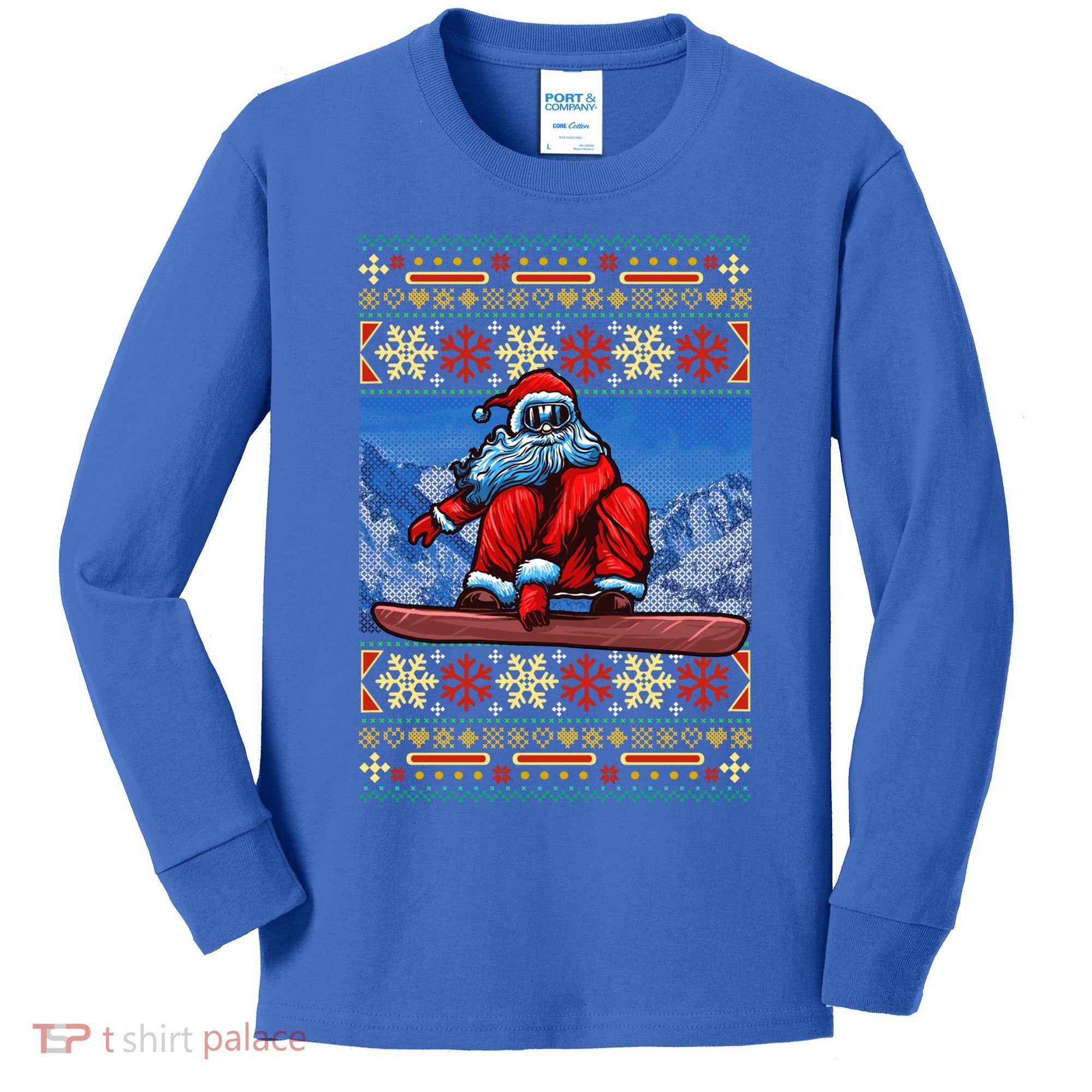 Funny Christmas Santa Claus Snowboarding Ugly Sweater Gift Funny Gift Kids Long Sleeve Shirt