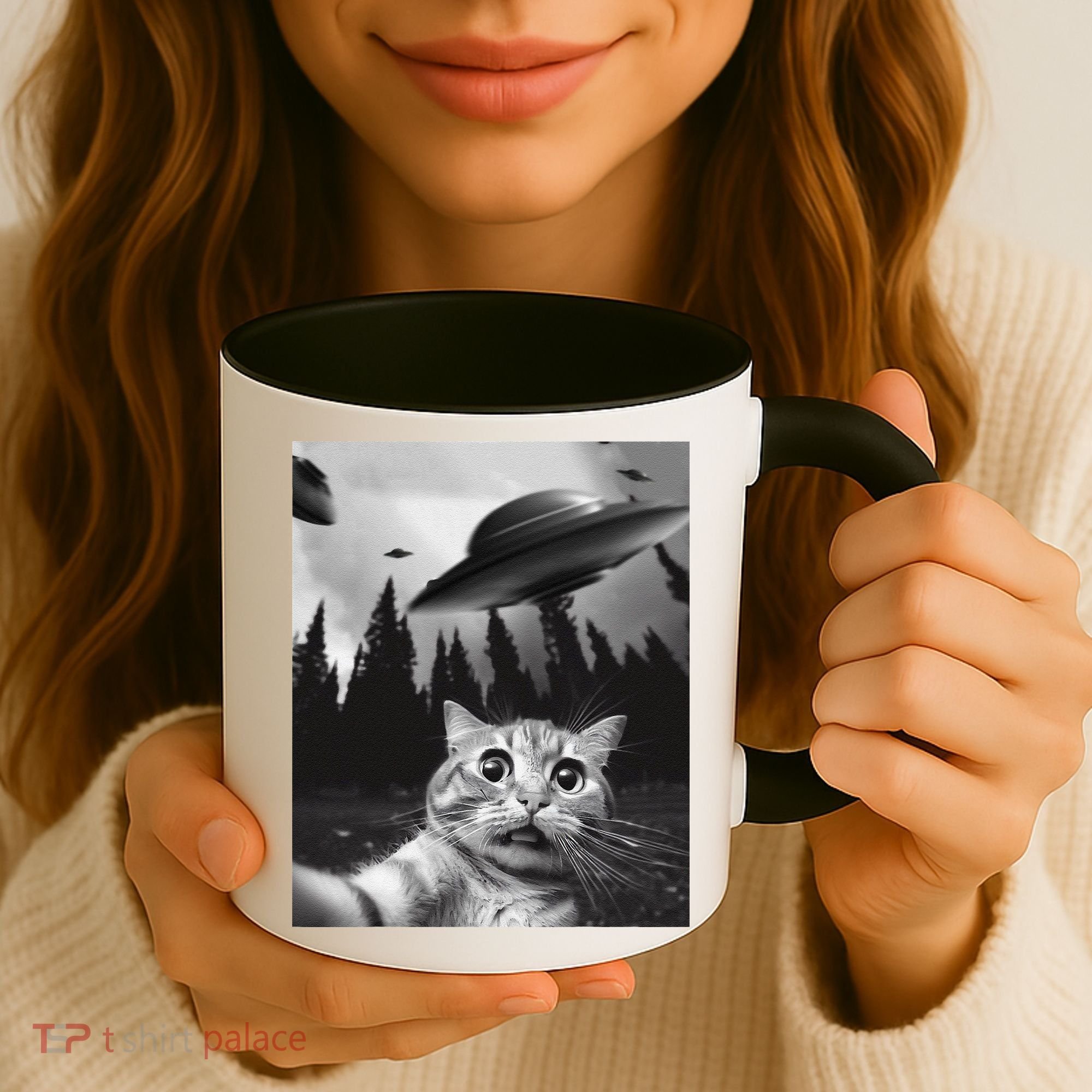 Funny Cat Selfie With Ufos Coffee Mug