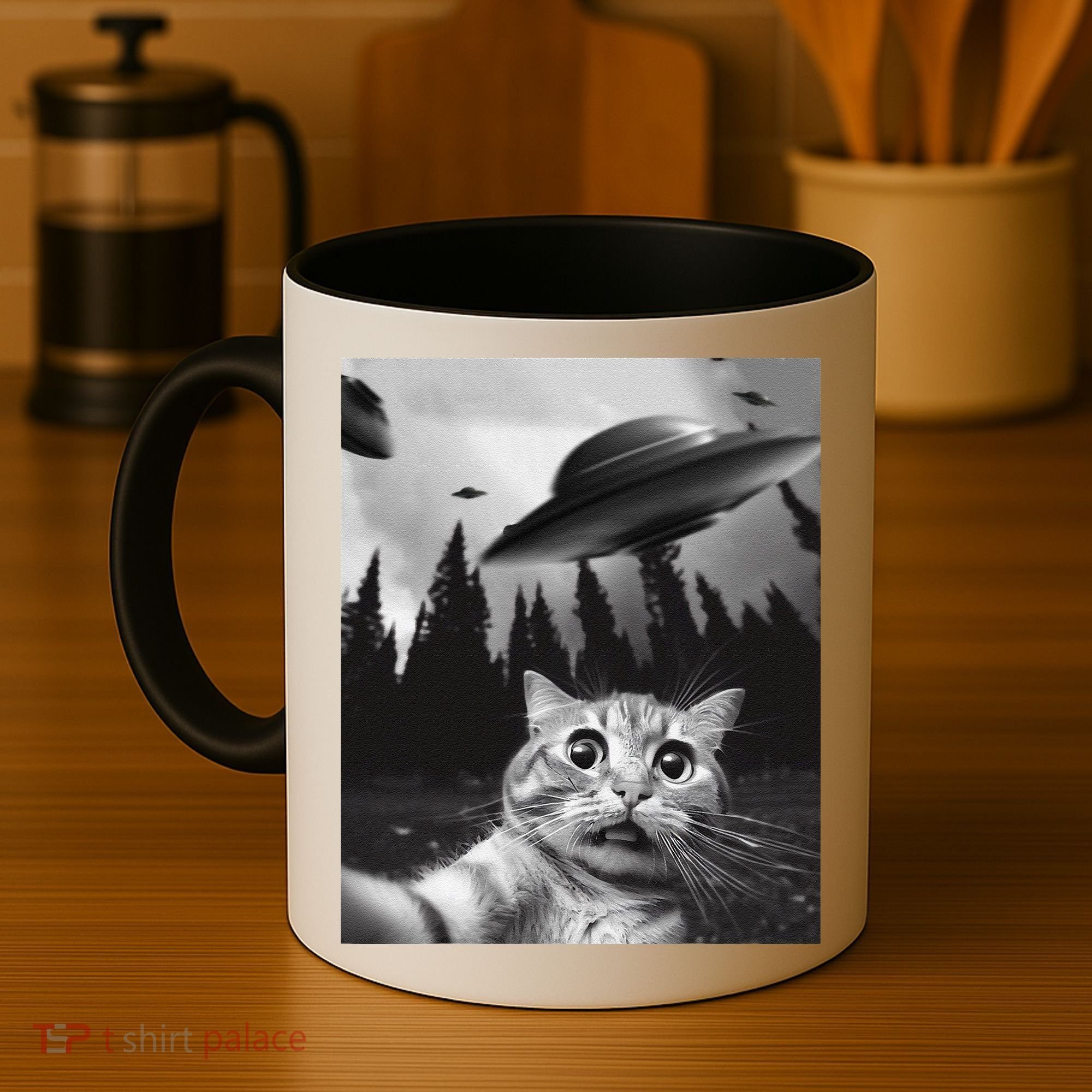 Funny Cat Selfie With Ufos Coffee Mug