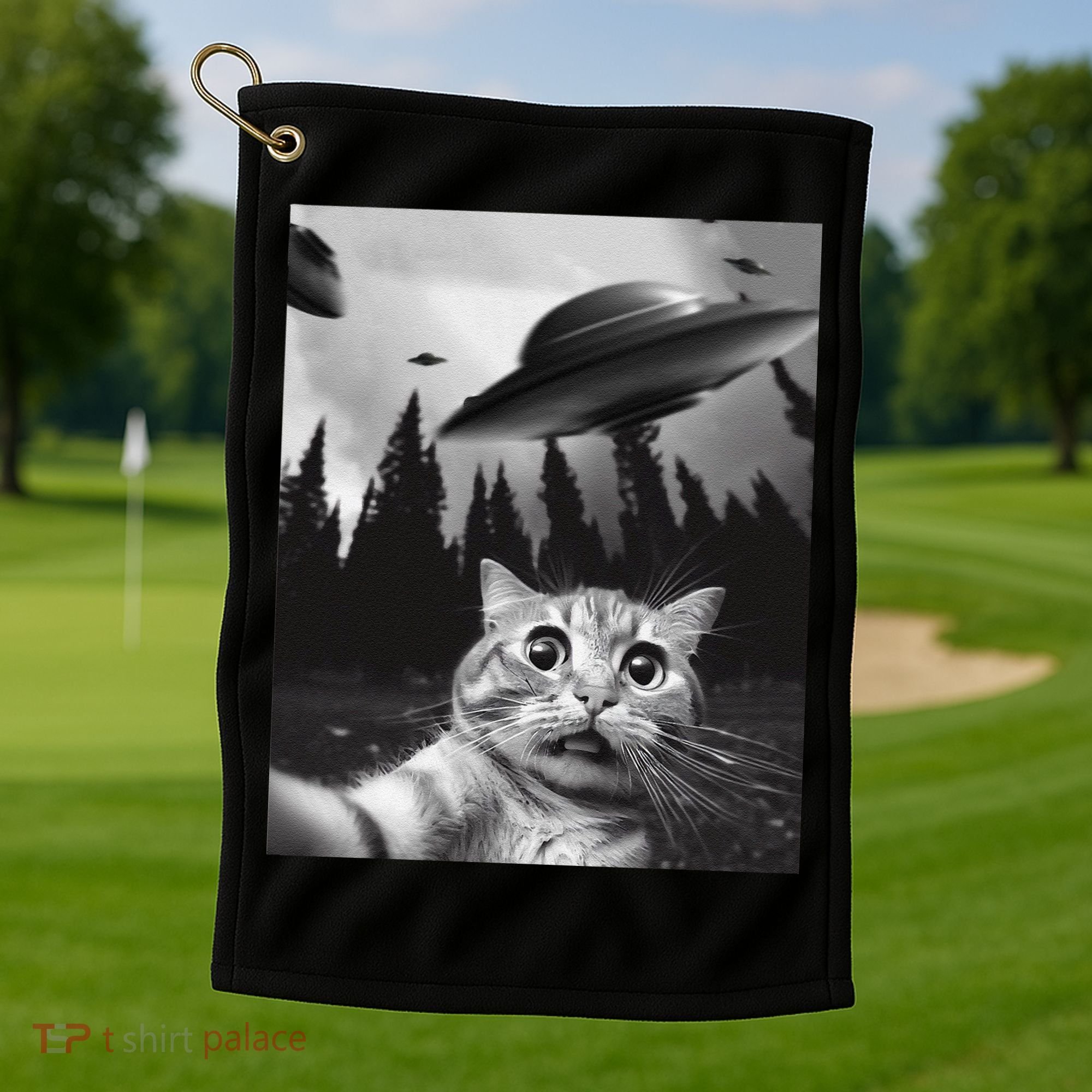 Funny Cat Selfie With Ufos Golf Towel