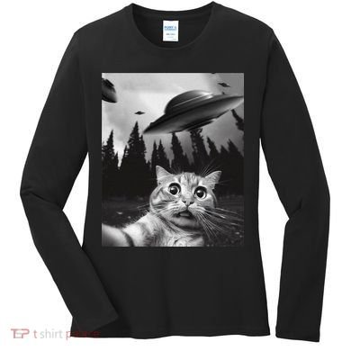 Funny Cat Selfie With Ufos Women's Long Sleeve Shirt