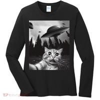 Funny Cat Selfie With Ufos Women's Long Sleeve Shirt thumb 0