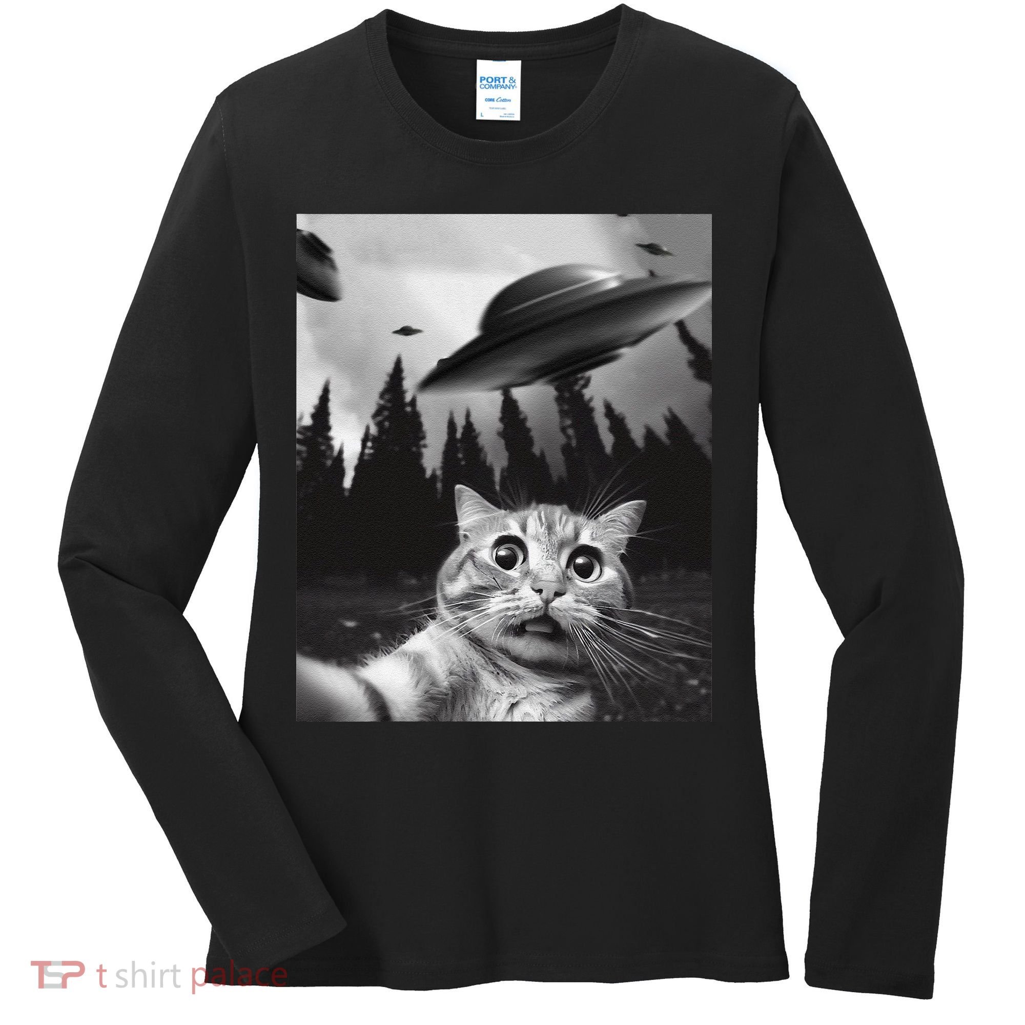 Funny Cat Selfie With Ufos Women's Long Sleeve Shirt