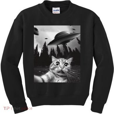 Funny Cat Selfie With Ufos Kids Sweatshirt