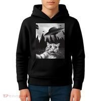Funny Cat Selfie With Ufos Kids Hoodie thumb 4