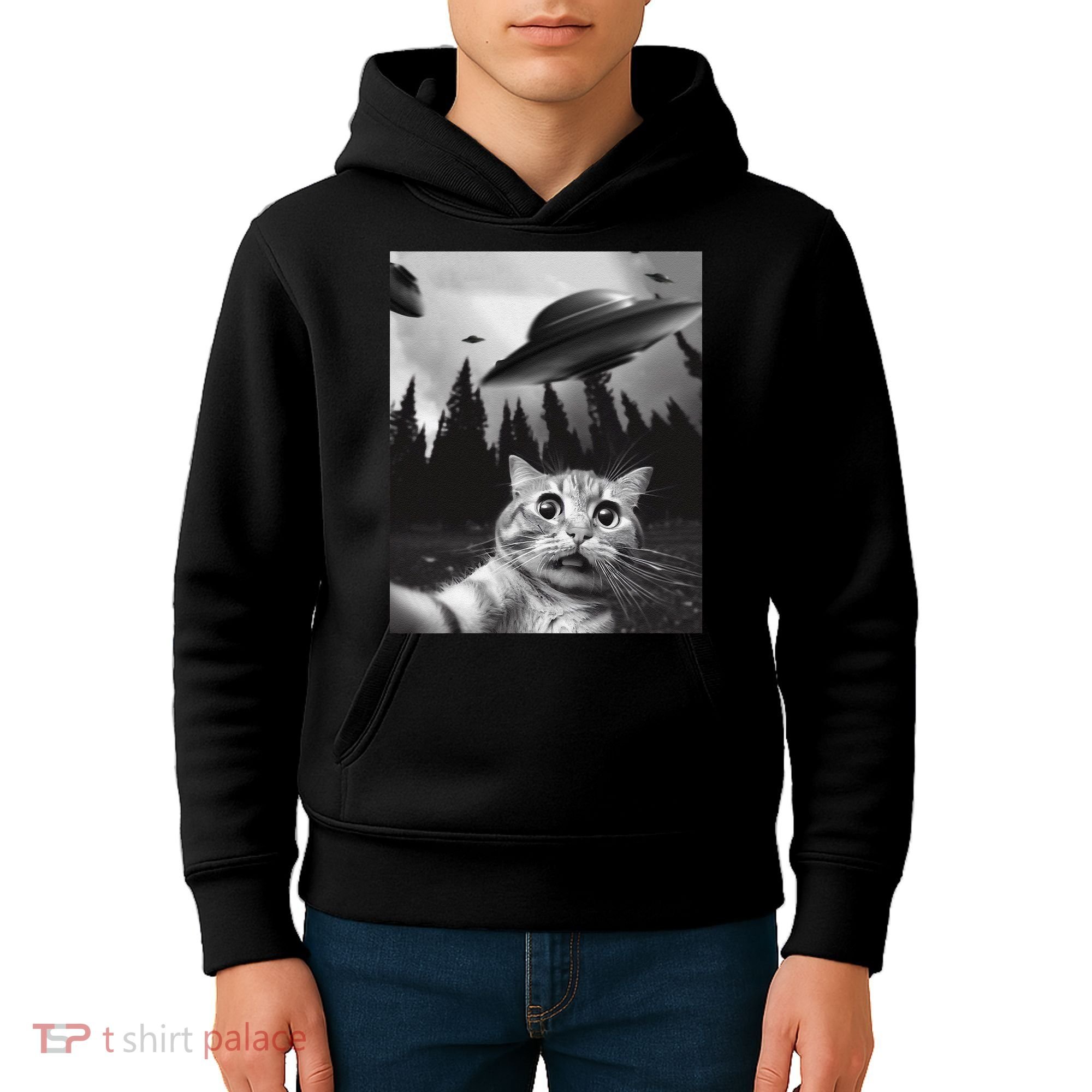 Funny Cat Selfie With Ufos Kids Hoodie
