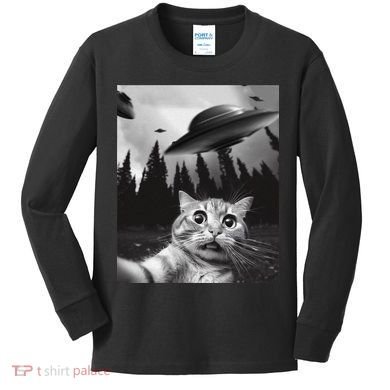 Funny Cat Selfie With Ufos Kids Long Sleeve Shirt
