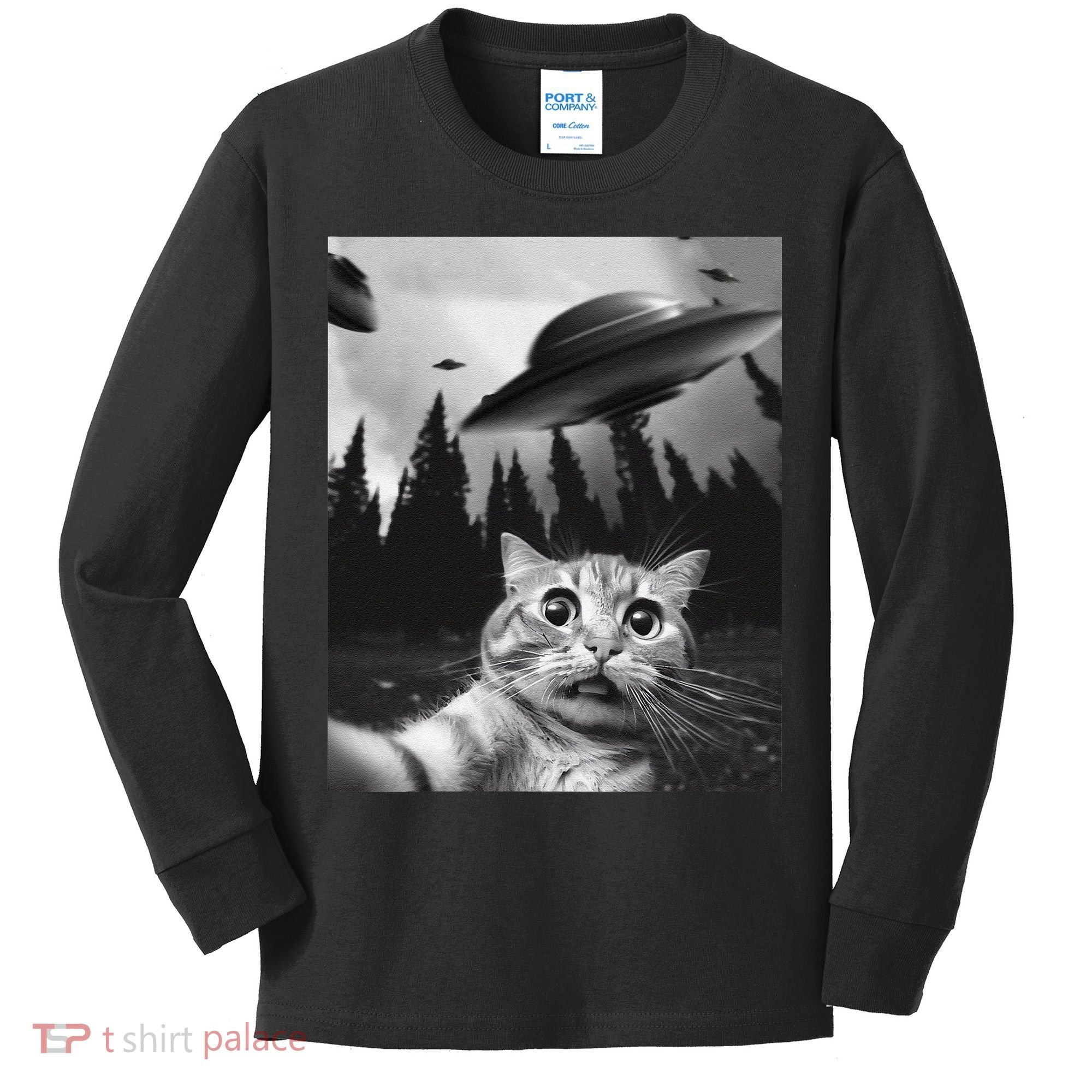 Funny Cat Selfie With Ufos Kids Long Sleeve Shirt