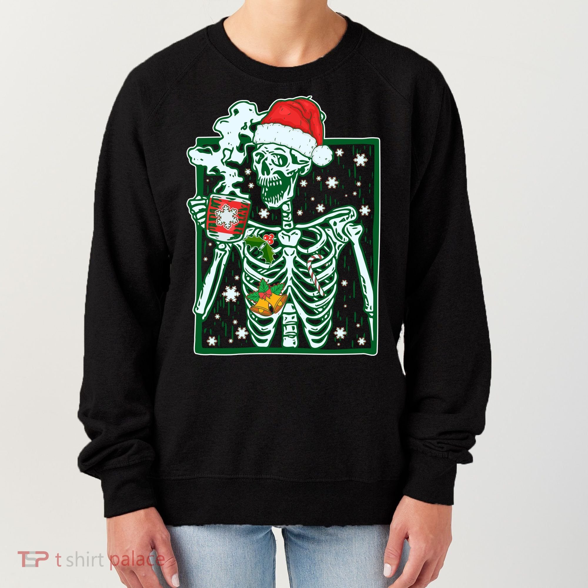 Funny Christmas Skeleton Enjoying Hot Chocolate Coffee Women's Sweatshirt