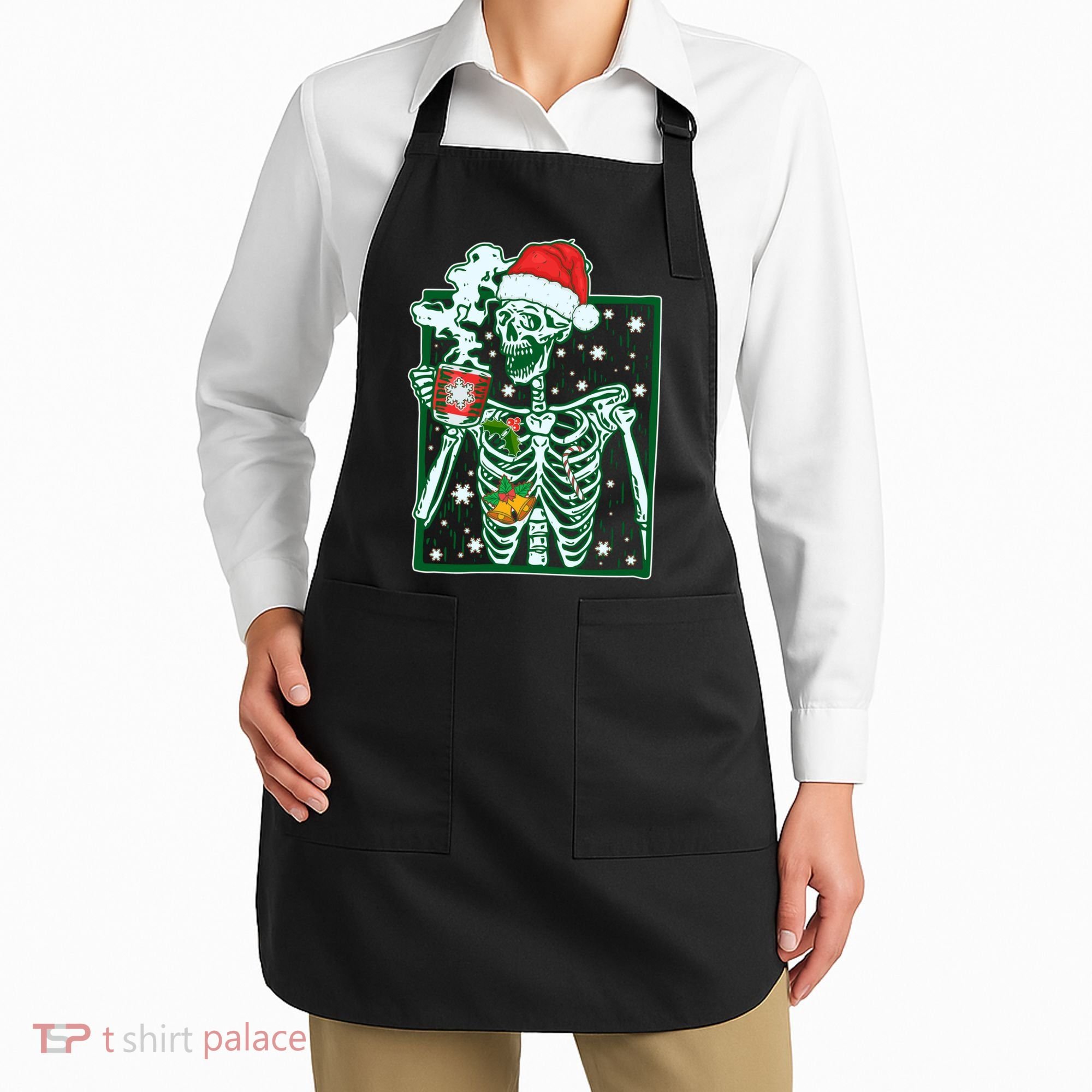 Funny Christmas Skeleton Enjoying Hot Chocolate Coffee Apron
