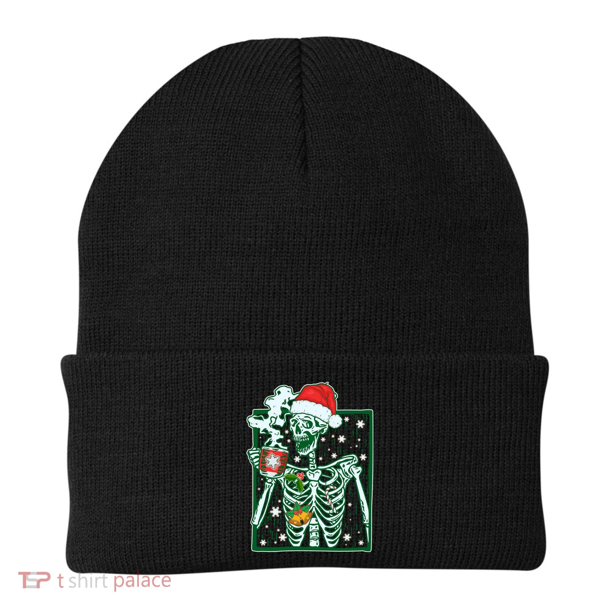 Funny Christmas Skeleton Enjoying Hot Chocolate Coffee Beanie