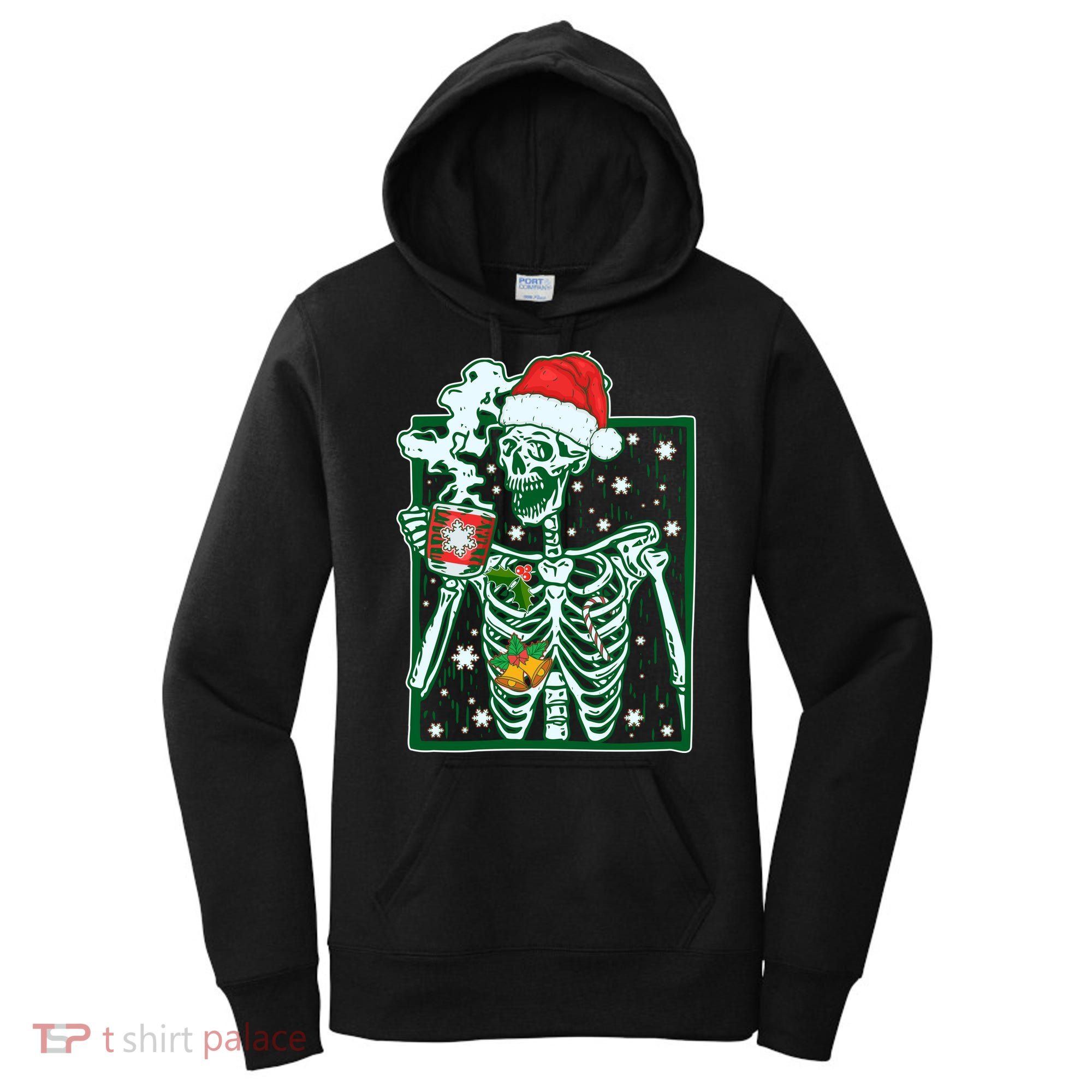 Funny Christmas Skeleton Enjoying Hot Chocolate Coffee Women's Hoodie