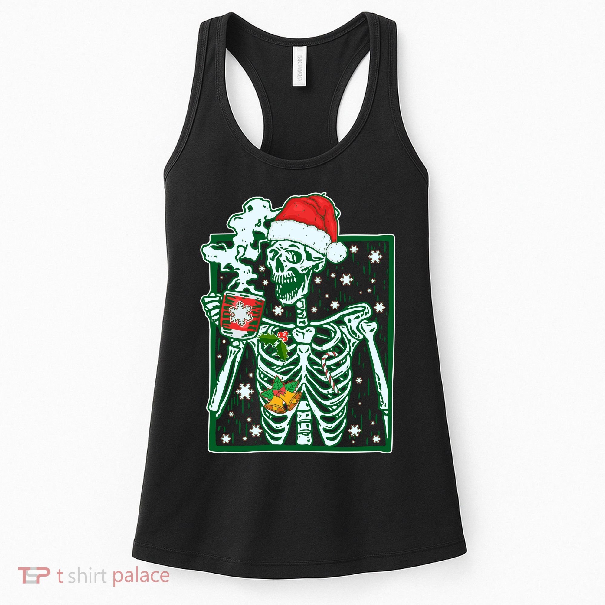 Funny Christmas Skeleton Enjoying Hot Chocolate Coffee Women's Tank Top