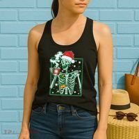 Funny Christmas Skeleton Enjoying Hot Chocolate Coffee Women's Tank Top thumb 2