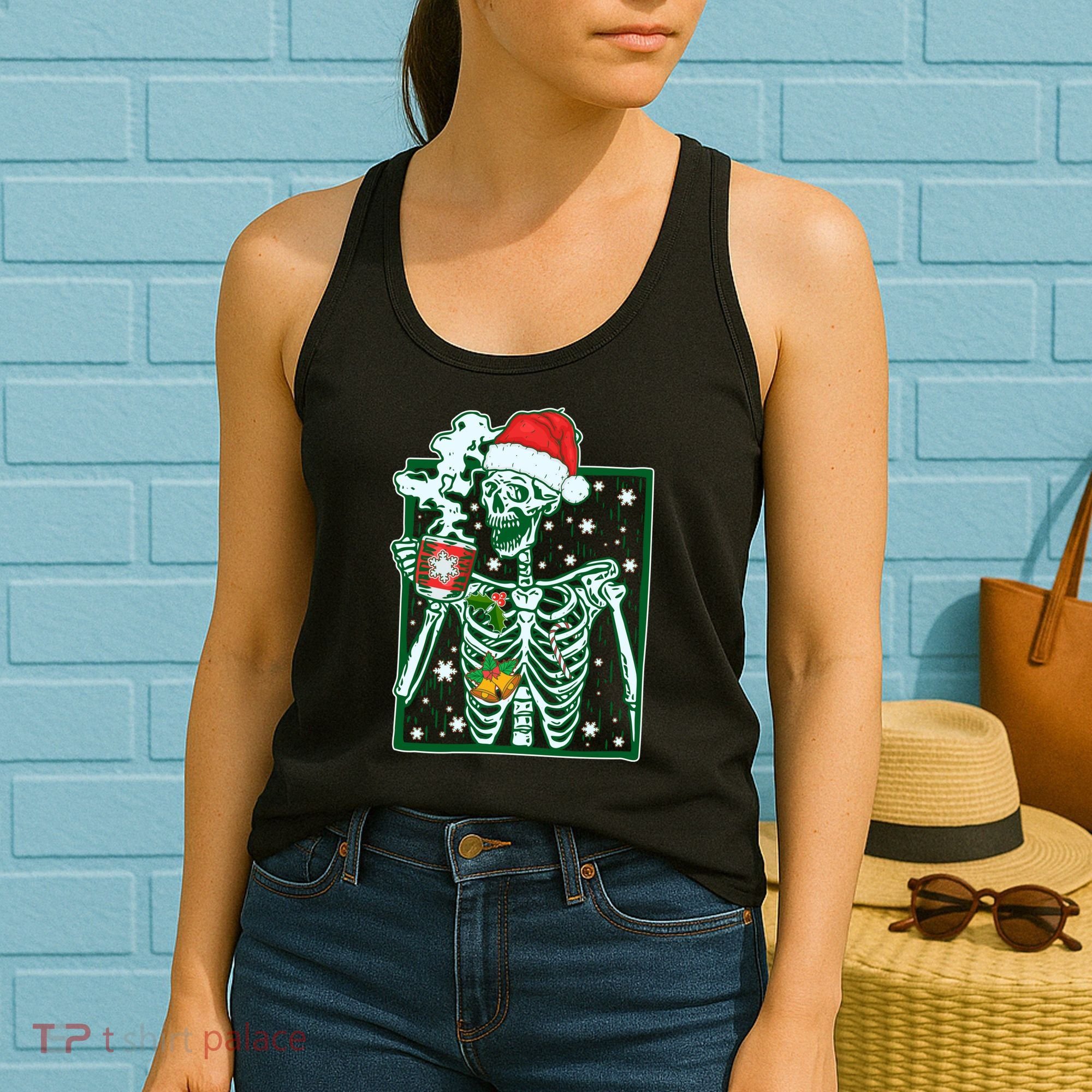Funny Christmas Skeleton Enjoying Hot Chocolate Coffee Women's Tank Top