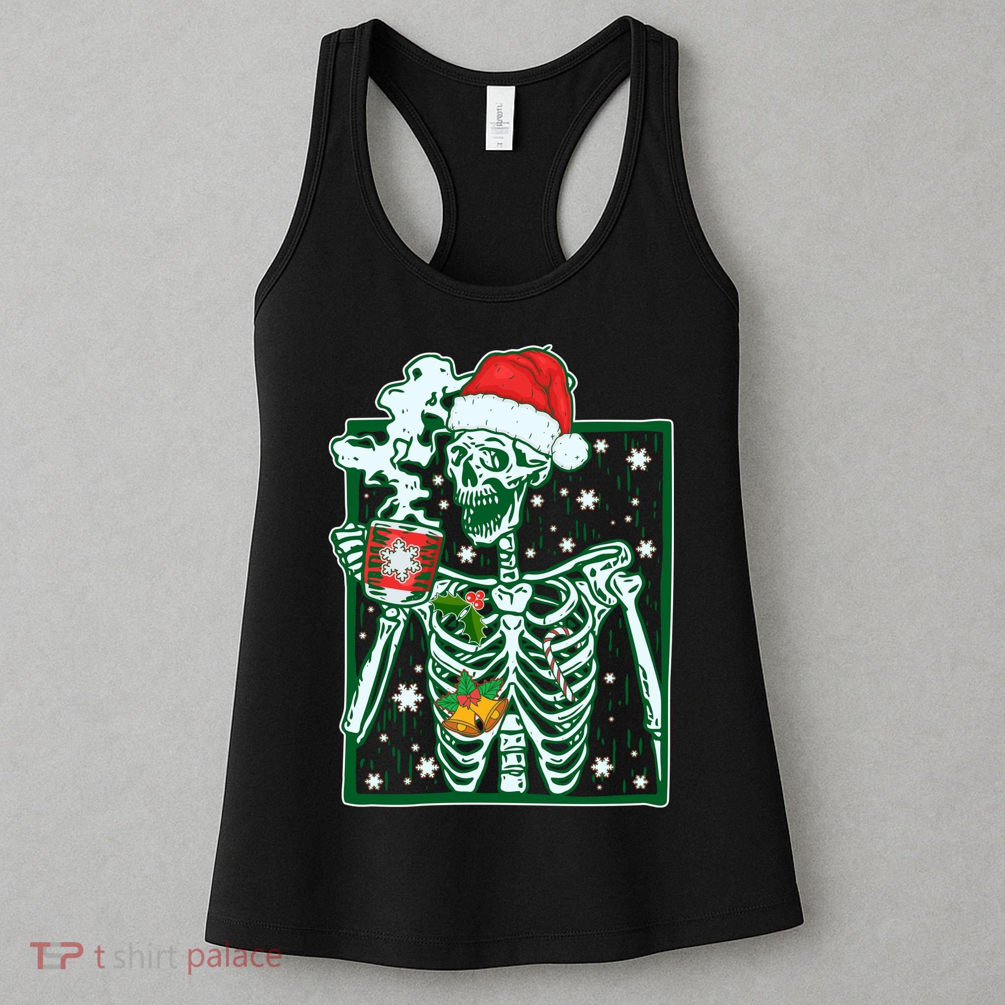 Funny Christmas Skeleton Enjoying Hot Chocolate Coffee Women's Tank Top