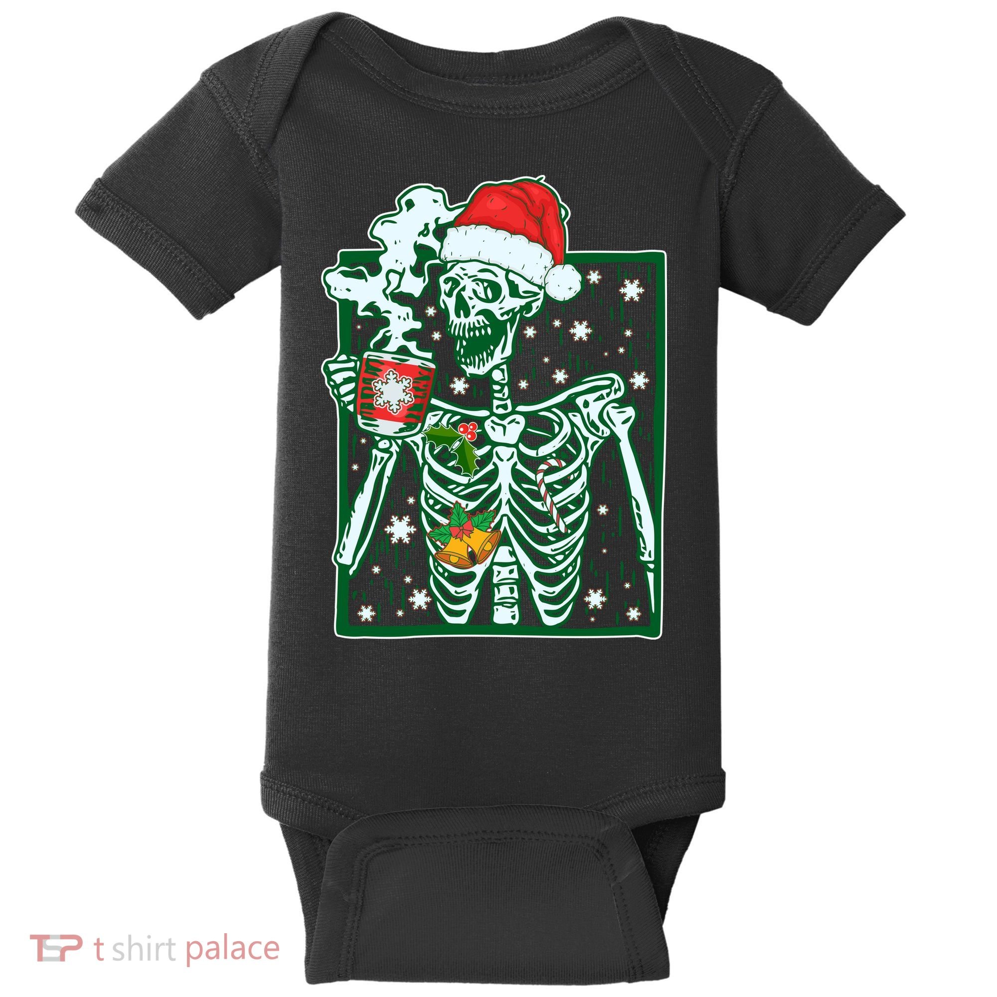 Funny Christmas Skeleton Enjoying Hot Chocolate Coffee Baby Bodysuit