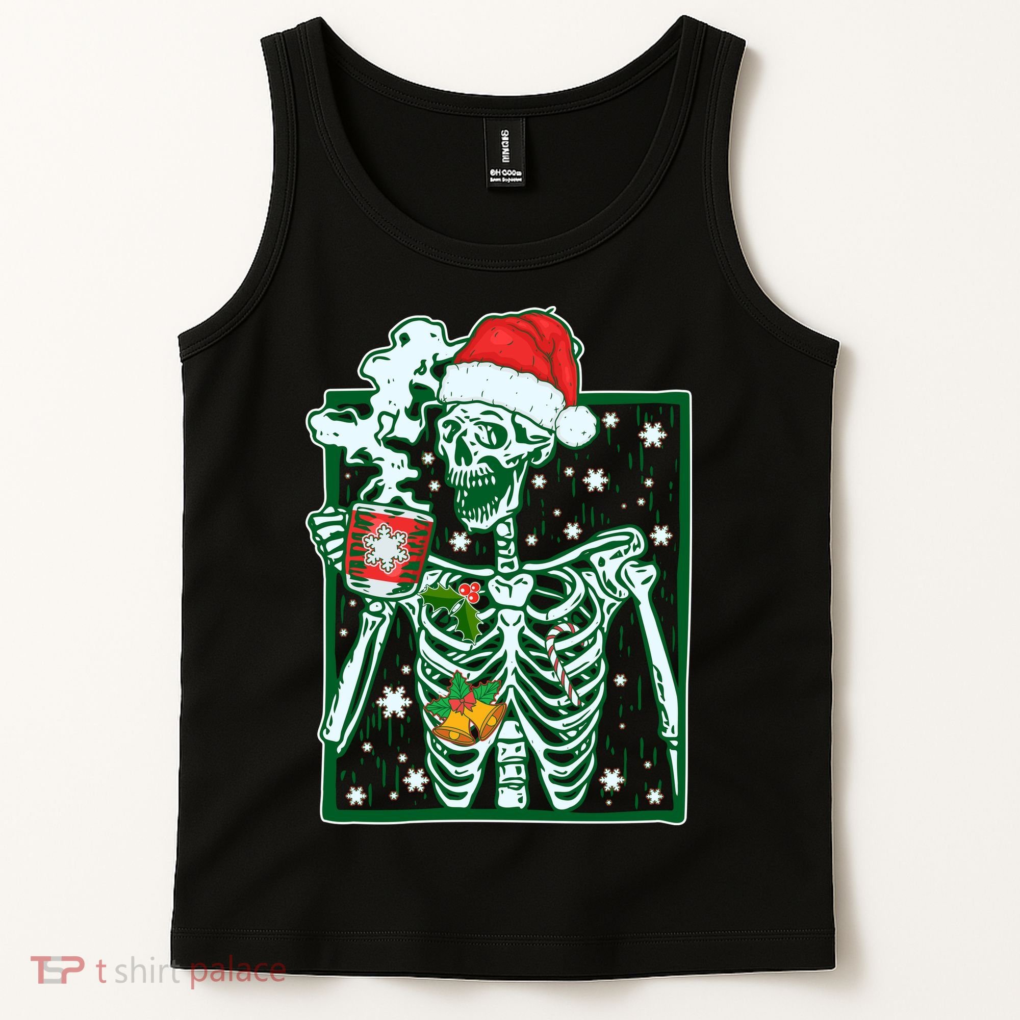 Funny Christmas Skeleton Enjoying Hot Chocolate Coffee Tank Top