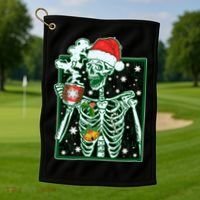 Funny Christmas Skeleton Enjoying Hot Chocolate Coffee Golf Towel thumb 1