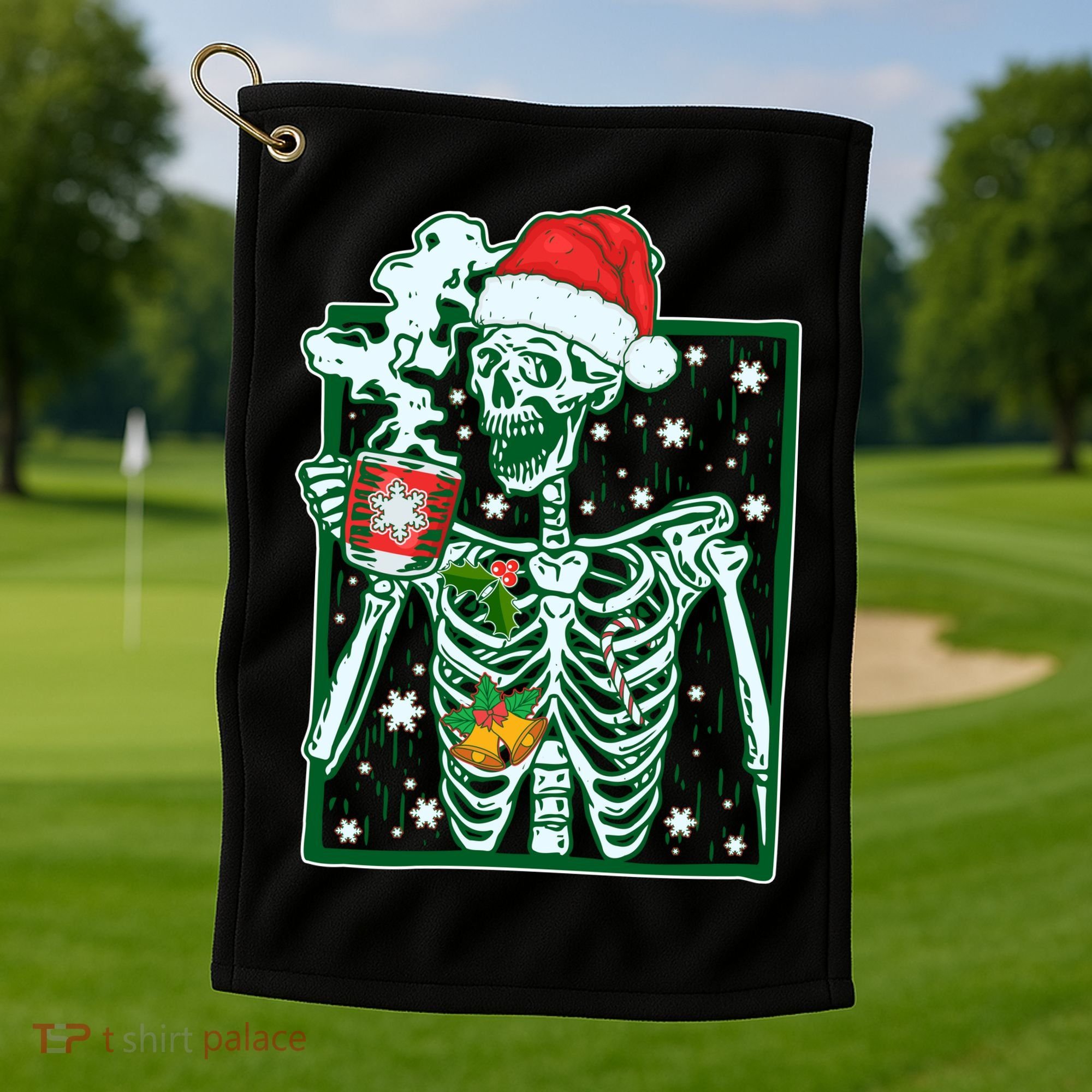Funny Christmas Skeleton Enjoying Hot Chocolate Coffee Golf Towel