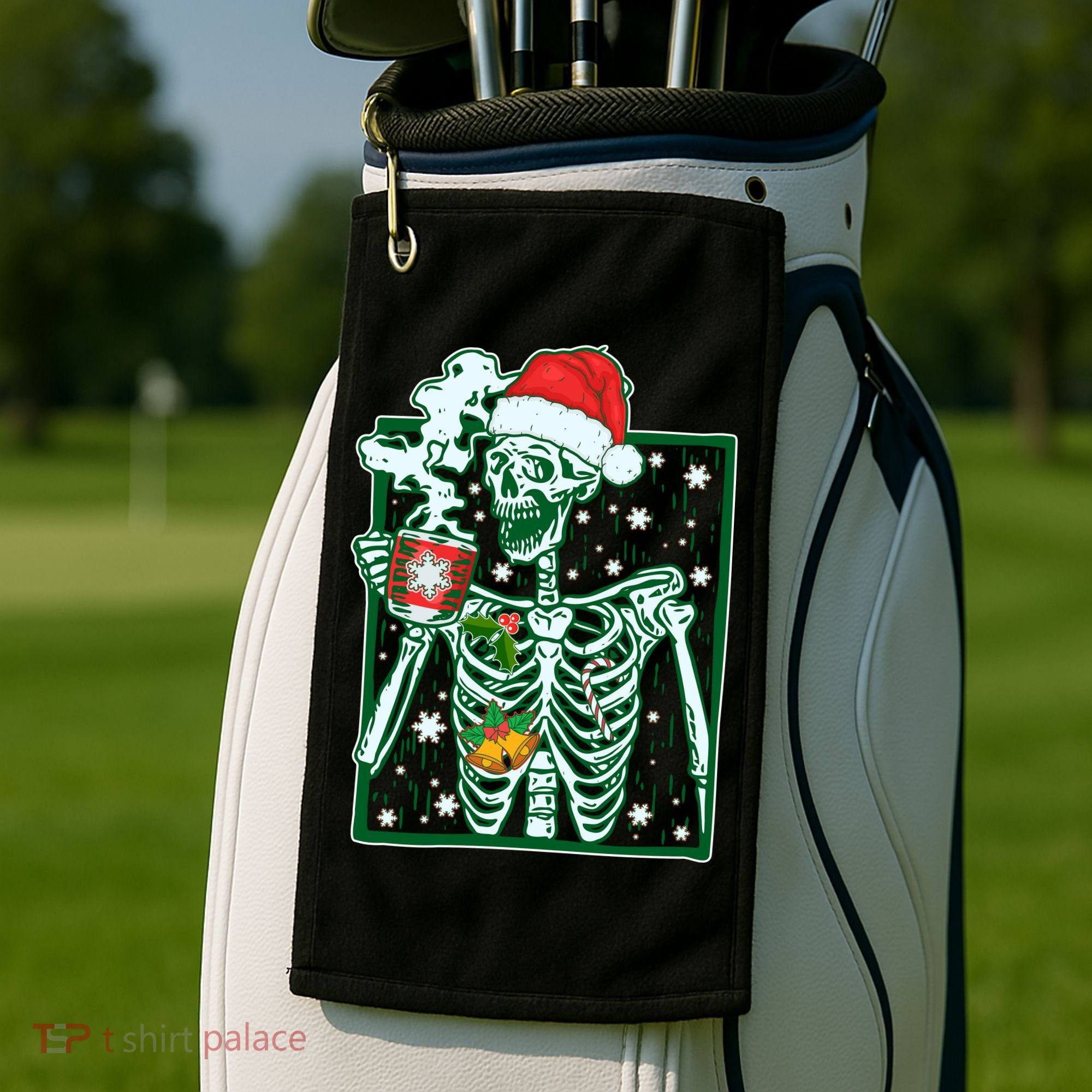 Funny Christmas Skeleton Enjoying Hot Chocolate Coffee Golf Towel