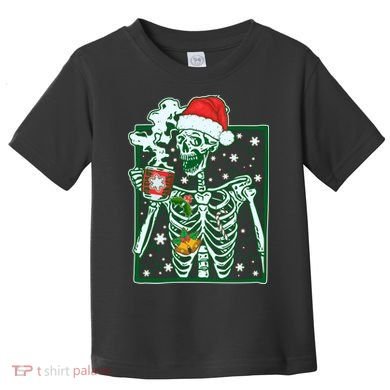 Funny Christmas Skeleton Enjoying Hot Chocolate Coffee Toddler T-Shirt