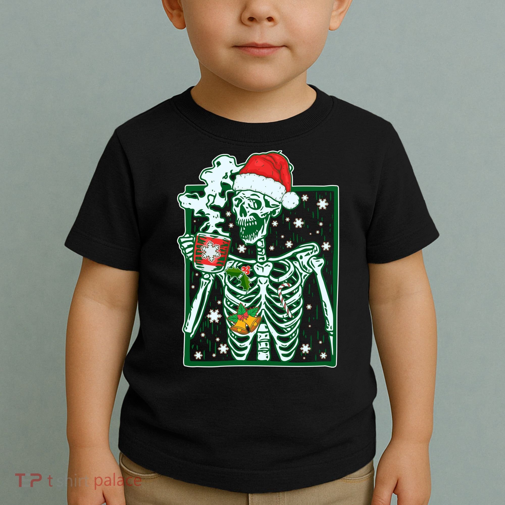 Funny Christmas Skeleton Enjoying Hot Chocolate Coffee Toddler T-Shirt