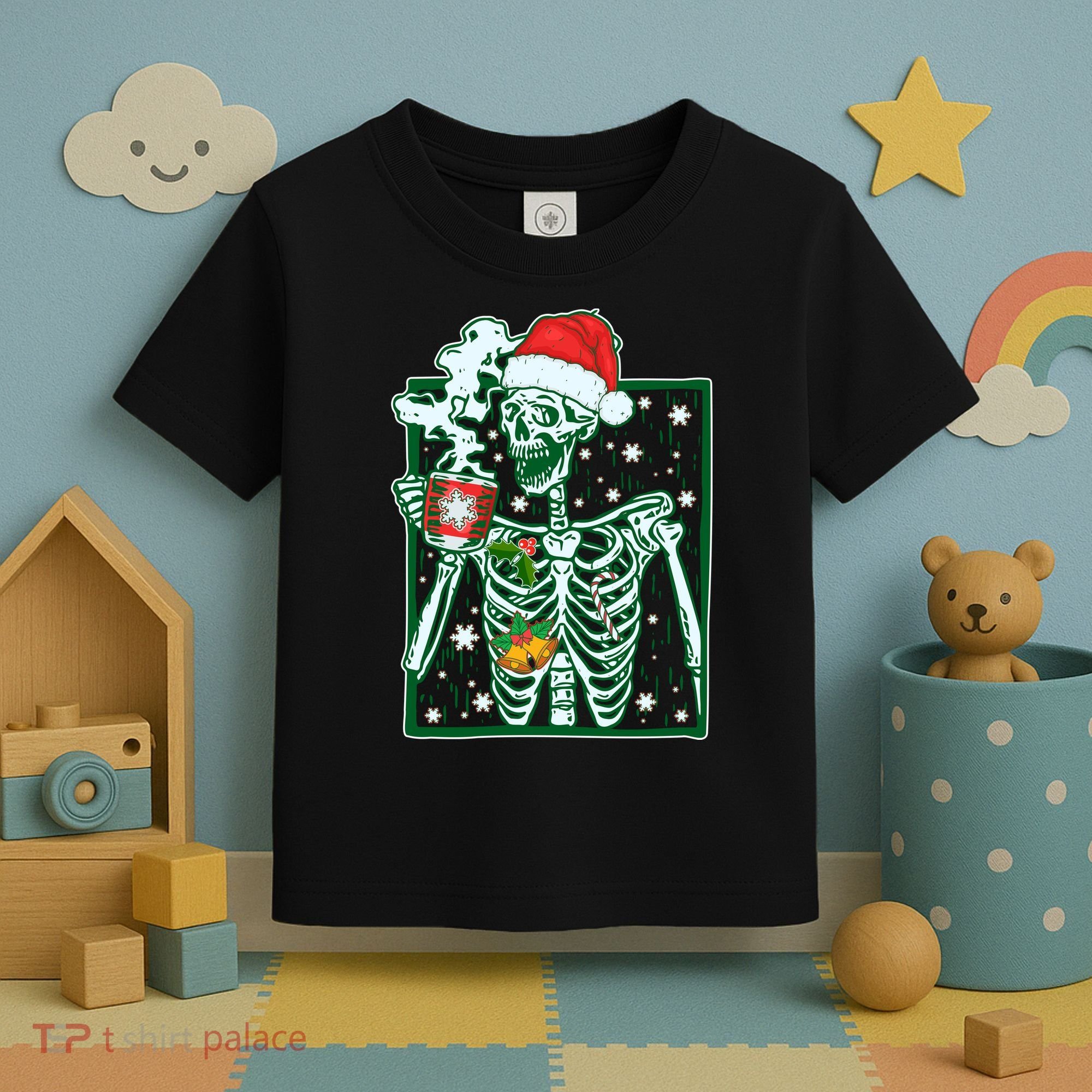 Funny Christmas Skeleton Enjoying Hot Chocolate Coffee Toddler T-Shirt