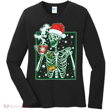 Funny Christmas Skeleton Enjoying Hot Chocolate Coffee Women's Long Sleeve Shirt