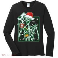 Funny Christmas Skeleton Enjoying Hot Chocolate Coffee Women's Long Sleeve Shirt thumb 0