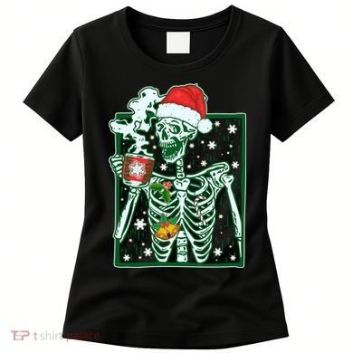 Funny Christmas Skeleton Enjoying Hot Chocolate Coffee Women's T-Shirt
