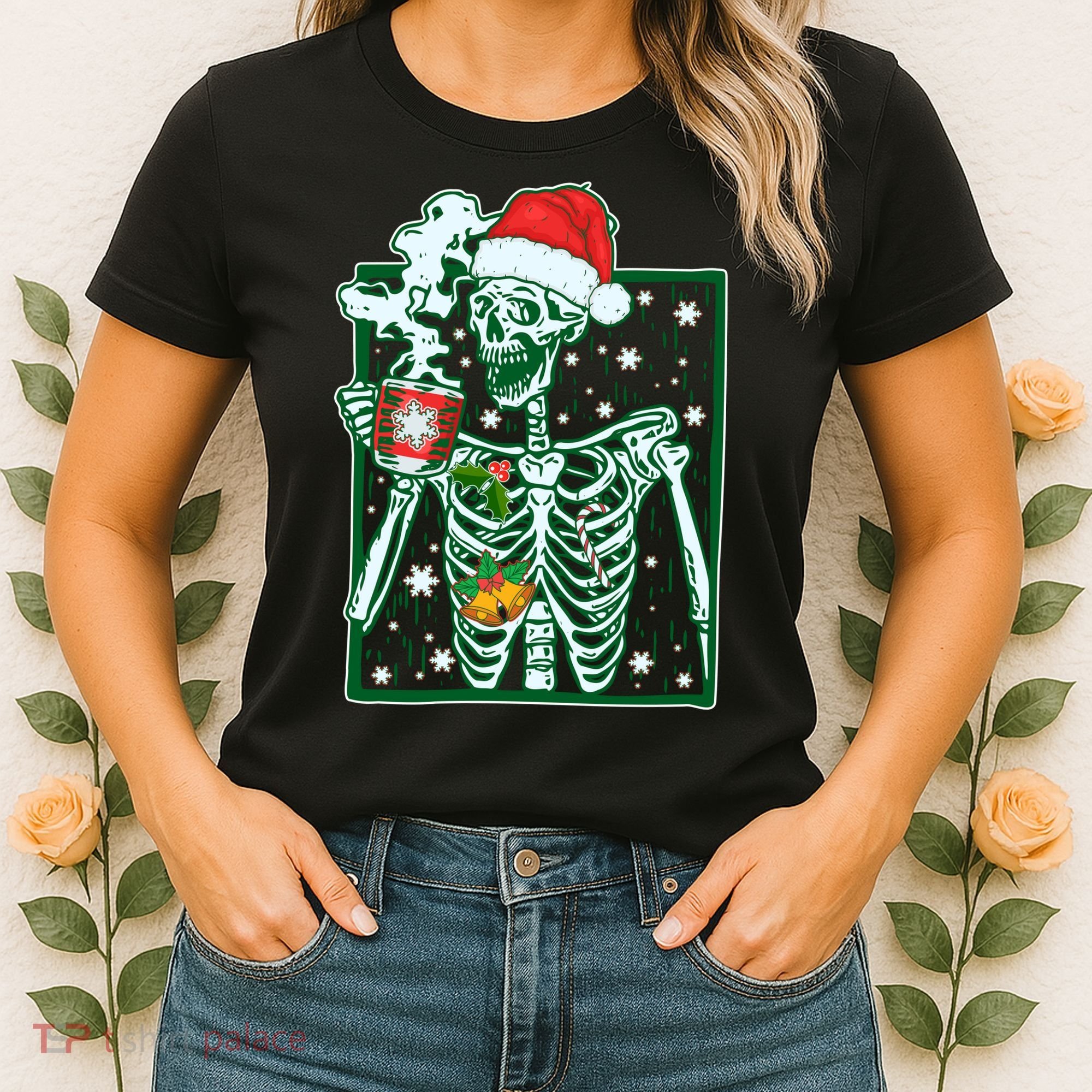 Funny Christmas Skeleton Enjoying Hot Chocolate Coffee Women's T-Shirt