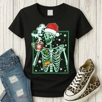 Funny Christmas Skeleton Enjoying Hot Chocolate Coffee Women's T-Shirt thumb 3