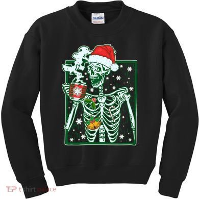 Funny Christmas Skeleton Enjoying Hot Chocolate Coffee Kids Sweatshirt
